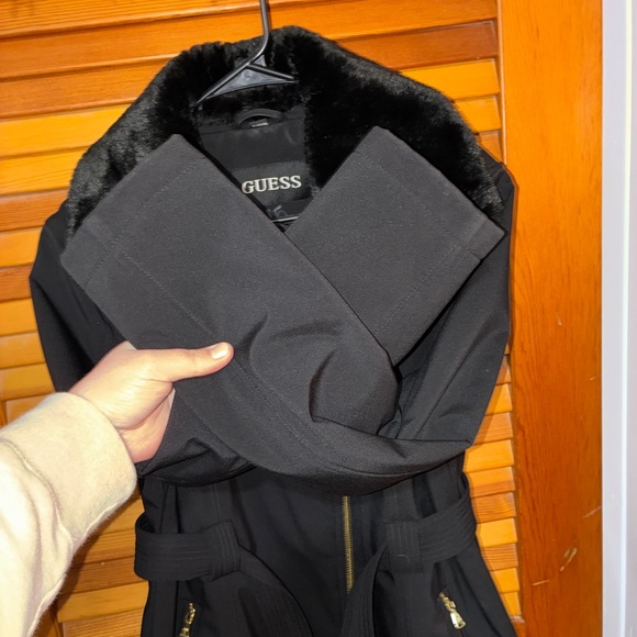 GUESS Long Black Winter Coat – Faux Fur Collar, Belted- womens size - Picture 5 of 10